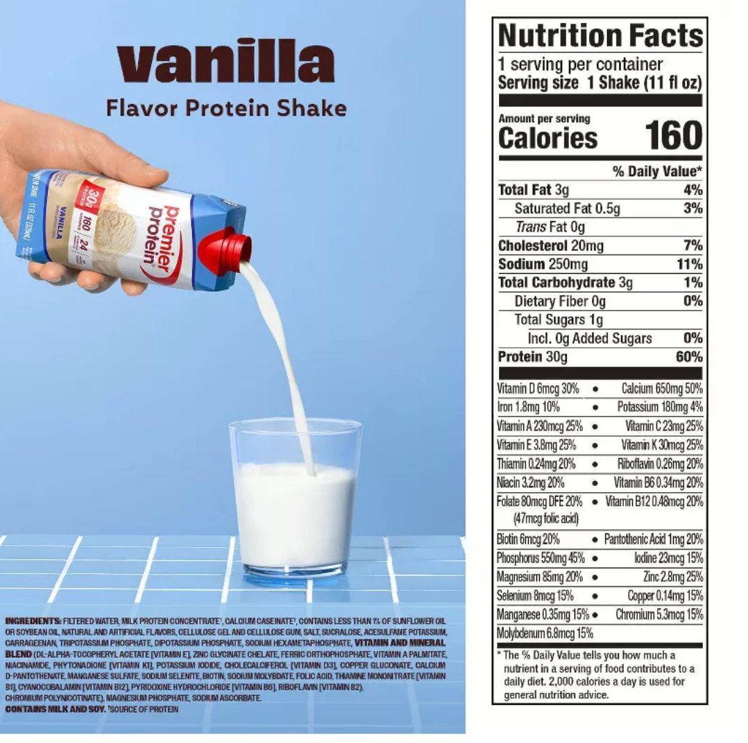 Premier Protein Nutritional Shake Vanilla Non-Caffeinated Whey Protein - 11 fl oz/4pk: Keto Certified, Gluten-Free, Ready to Drink