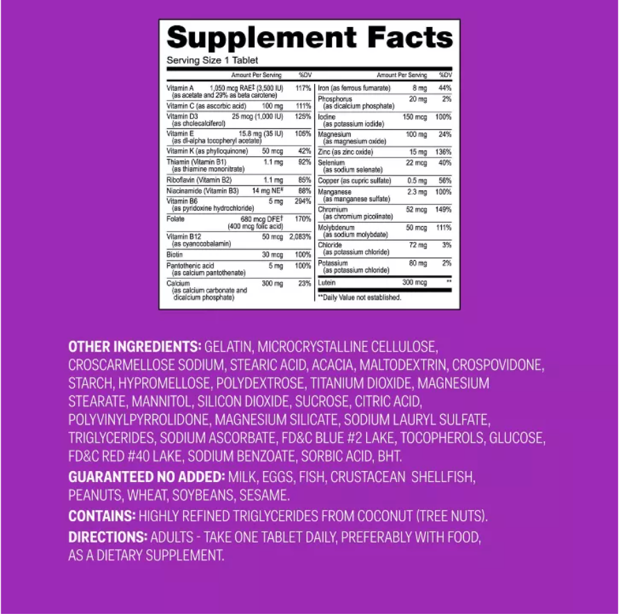 WOMEN'S 50+ MULTIVITAMIN DIETARY SUPPLEMENT TABLETS UP&UP™: GLUTEN-FREE, DAIRY-FREE, NO ARTIFICIAL COLORS OR FLAVORS