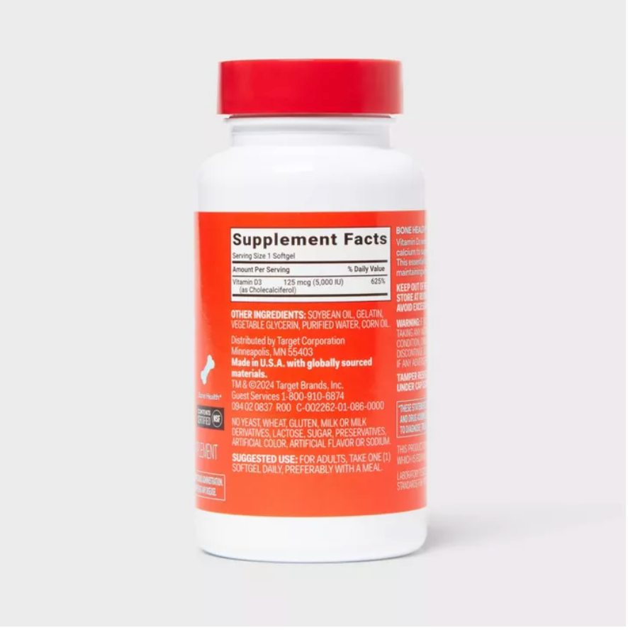 VITAMIN D3 5000 IU (125 MCG) BONE HEALTH AND IMMUNE SUPPORT SOFTGELS UP&UP™