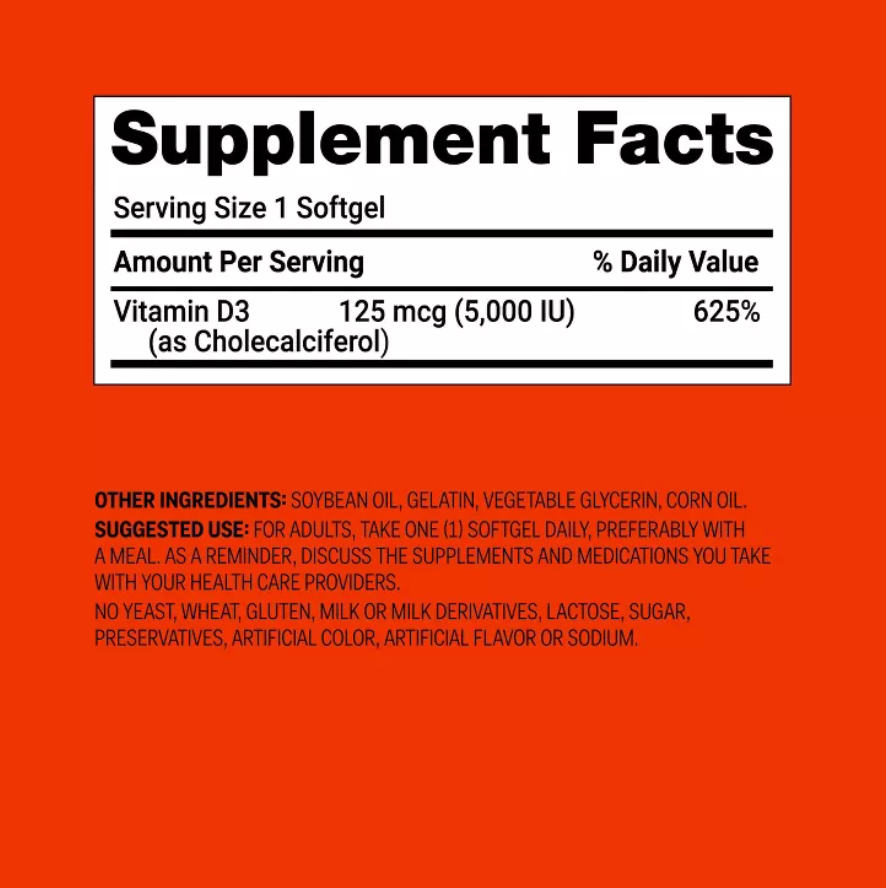 VITAMIN D3 5000 IU (125 MCG) BONE HEALTH AND IMMUNE SUPPORT SOFTGELS UP&UP™