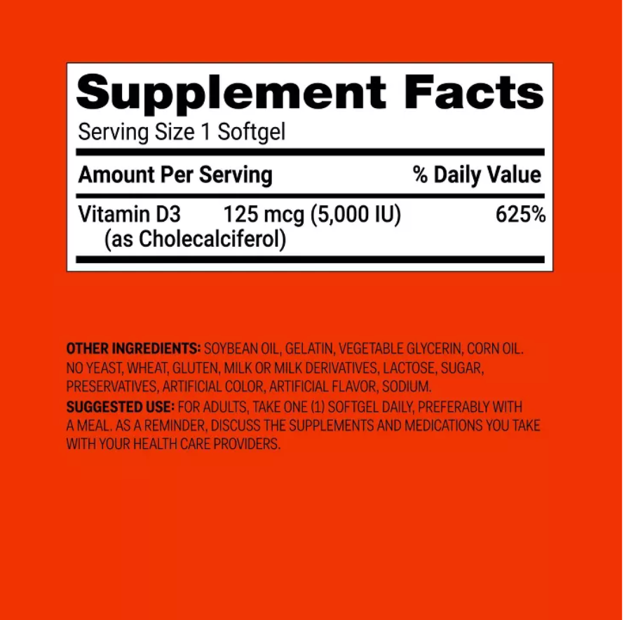 VITAMIN D3 5000 IU (125 MCG) BONE HEALTH AND IMMUNE SUPPORT SOFTGELS  UP&UP™