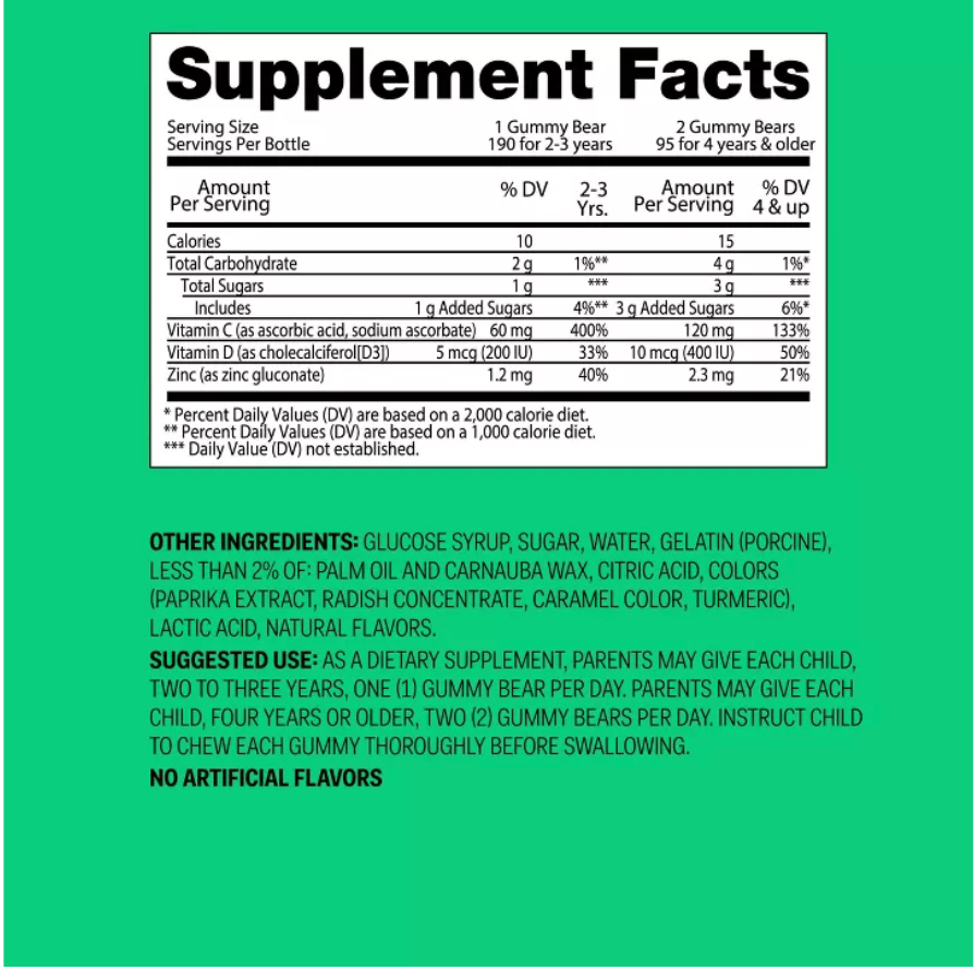 KIDS' VITAMIN C IMMUNE GUMMIES UP&UP™:  NO SYNTHETIC COLORS, NATURALLY FLAVORED, 120MG VITAMIN C