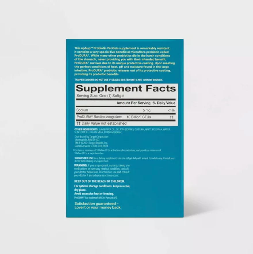 PROBIOTIC PROGELS DIETARY SUPPLEMENT SOFTGELS - 30CT - UP&UP™: 10 BILLION CFU, BACILLUS COAGULANS, GLUTEN-FREE, UNFLAVORED