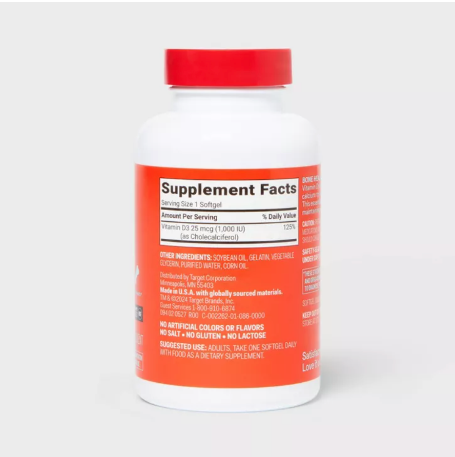 VITAMIN D3 BONE HEALTH DIETARY SUPPLEMENT SOFTGELS  UP&UP™: GLUTEN-FREE, 1000 IU PER SERVING