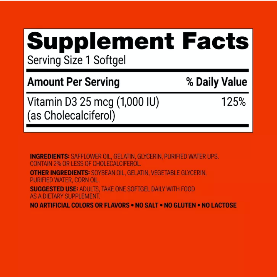 VITAMIN D3 BONE HEALTH DIETARY SUPPLEMENT SOFTGELS  UP&UP™: GLUTEN-FREE, 1000 IU PER SERVING