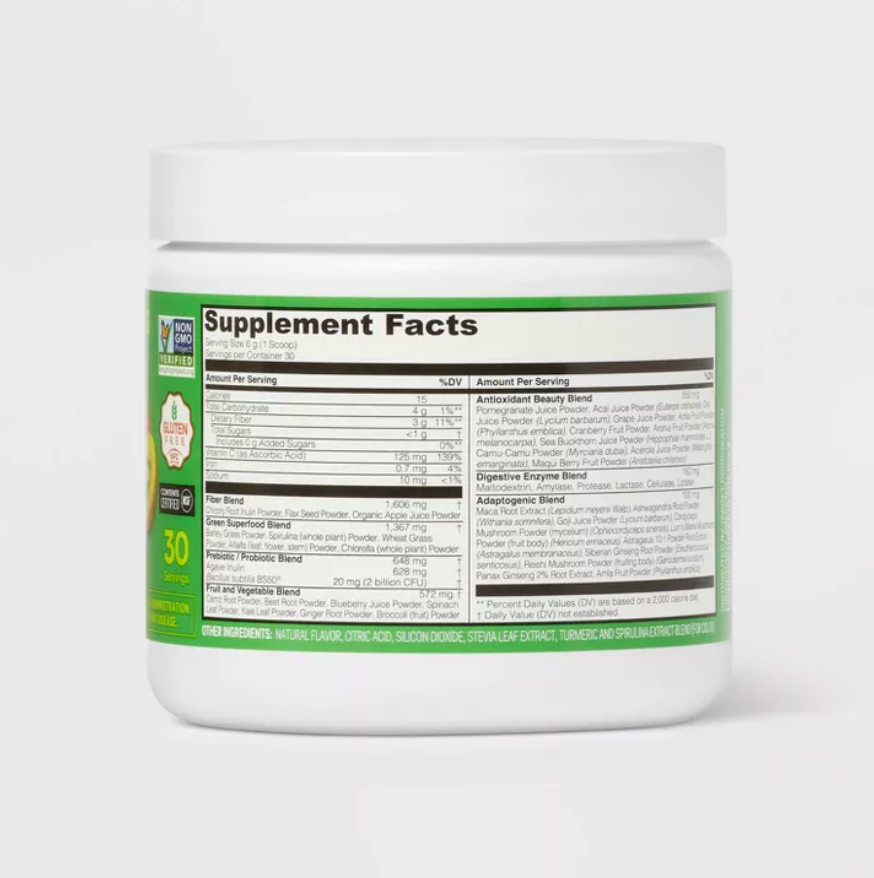 GREENS AND SUPERFOODS SUPPLEMENT POWDER 30SRV TUB: NUTRITIONAL DIETARY BLEND - STRAWBERRY/KIWI - 6.35OZ - UP&UP™