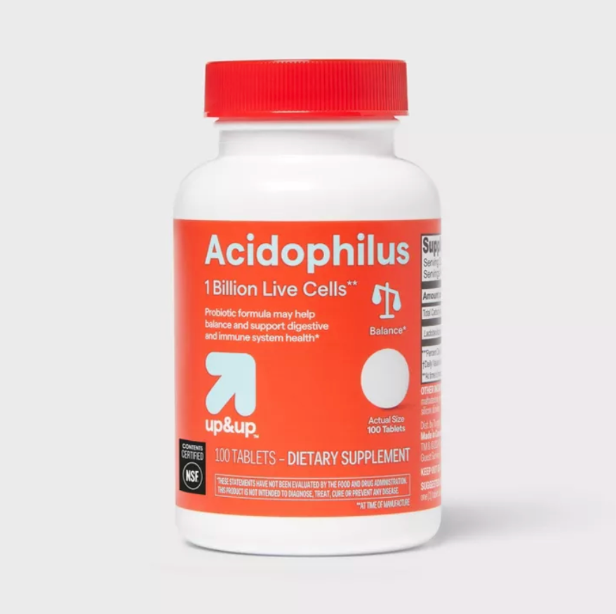 ACIDOPHILUS 1 BILLION ACTIVE CELLS PROBIOTIC TABLETS UP&UP™: GLUTEN-FREE, NO ARTIFICIAL COLORS OR FLAVORS, BACILLUS COAGULANS