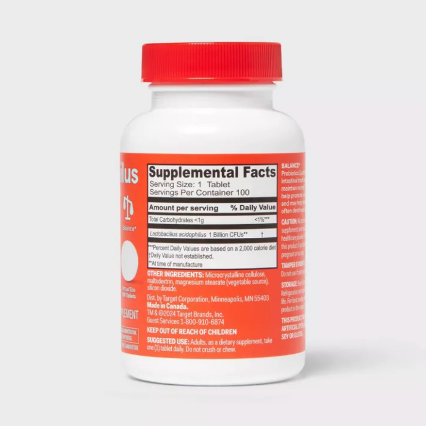ACIDOPHILUS 1 BILLION ACTIVE CELLS PROBIOTIC TABLETS UP&UP™: GLUTEN-FREE, NO ARTIFICIAL COLORS OR FLAVORS, BACILLUS COAGULANS