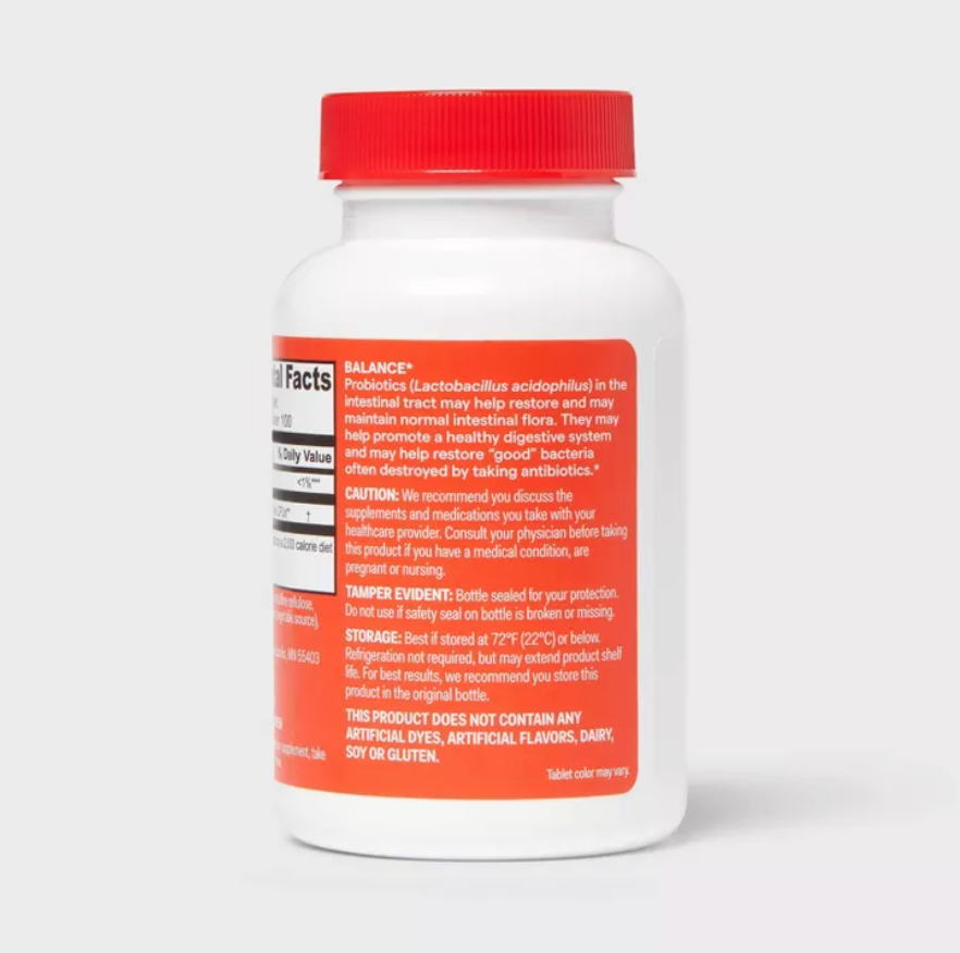 ACIDOPHILUS 1 BILLION ACTIVE CELLS PROBIOTIC TABLETS UP&UP™: GLUTEN-FREE, NO ARTIFICIAL COLORS OR FLAVORS, BACILLUS COAGULANS