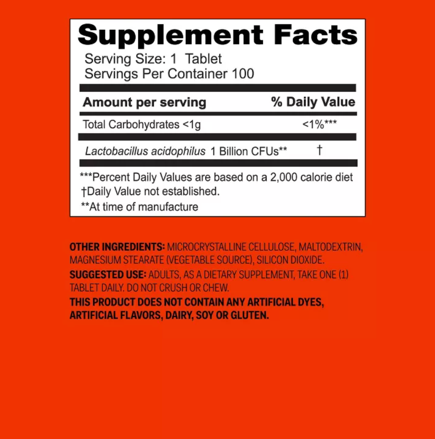 ACIDOPHILUS 1 BILLION ACTIVE CELLS PROBIOTIC TABLETS UP&UP™: GLUTEN-FREE, NO ARTIFICIAL COLORS OR FLAVORS, BACILLUS COAGULANS