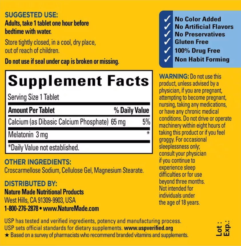 NATURE MADE MELATONIN 3 MG TABLETS, 100% DRUG FREE SLEEP AID FOR ADULTS, USP VERIFIED