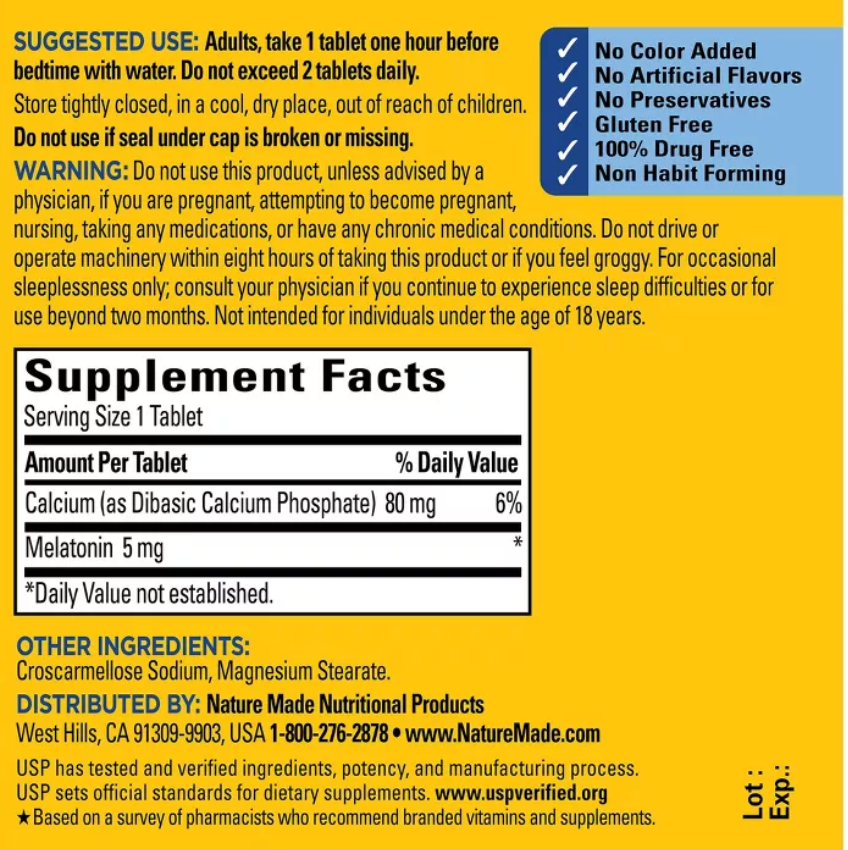 NATURE MADE MELATONIN 5MG EXTRA STRENGTH TABLETS, 100% DRUG FREE SLEEP AID FOR ADULTS, USP VERIFIED