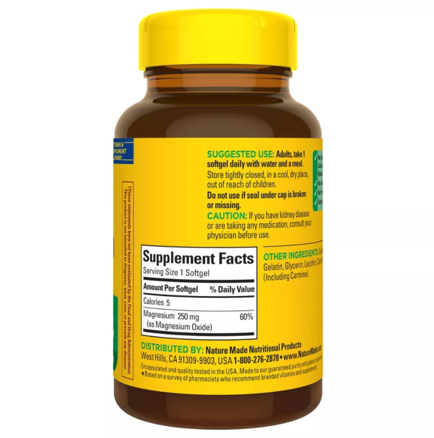 NATURE MADE MAGNESIUM 250 MG SOFTGELS \ GLUTEN-FREE, NO ARTIFICIAL FLAVORS, COLORS OR PRESERVATIVES