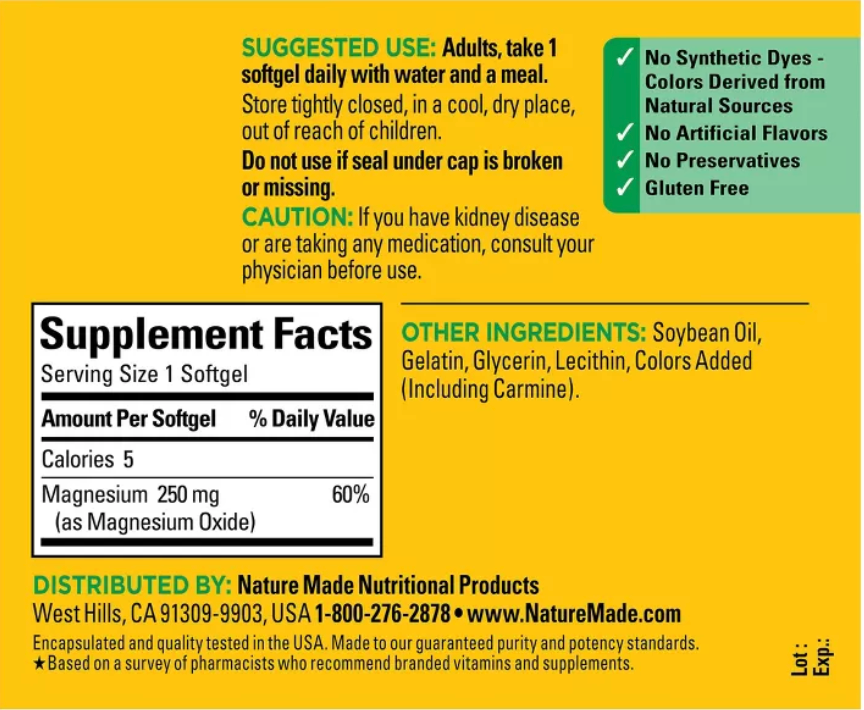 NATURE MADE MAGNESIUM 250 MG SOFTGELS \ GLUTEN-FREE, NO ARTIFICIAL FLAVORS, COLORS OR PRESERVATIVES
