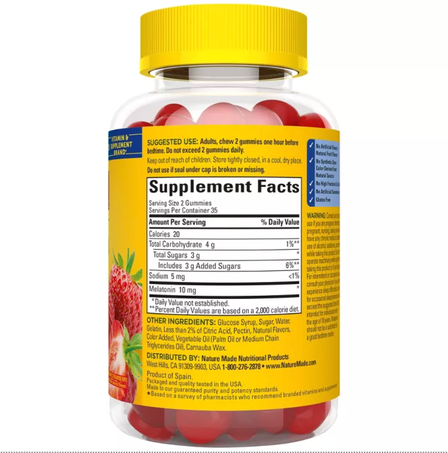 NATURE MADE MELATONIN MAXIMUM STRENGTH 100% DRUG FREE SLEEP AID FOR ADULTS 10MG PER SERVING GUMMIES / GLUTEN-FREE, STRAWBERRY FLAVOR