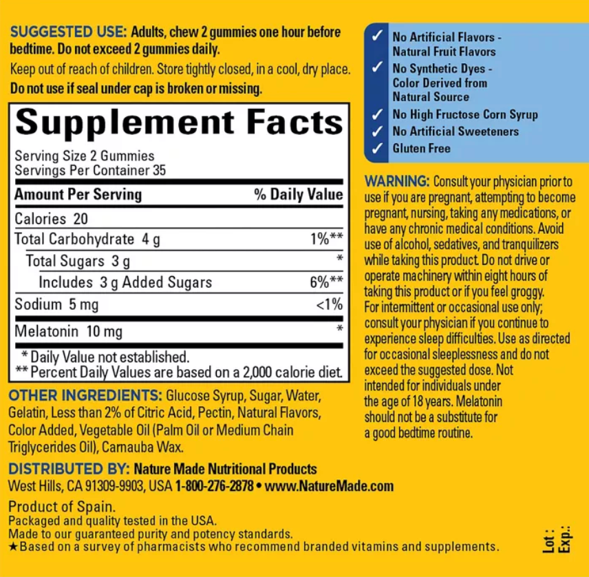 NATURE MADE MELATONIN MAXIMUM STRENGTH 100% DRUG FREE SLEEP AID FOR ADULTS 10MG PER SERVING GUMMIES / GLUTEN-FREE, STRAWBERRY FLAVOR