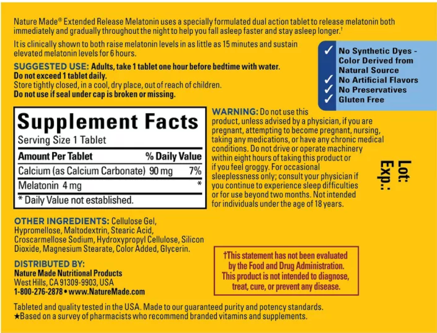 NATURE MADE MELATONIN 100% DRUG FREE SLEEP AID FOR ADULTS 4MG EXTENDED RELEASE TABLETS