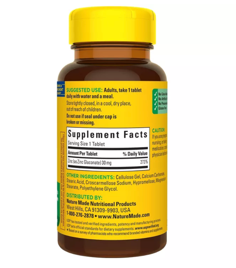 NATURE MADE ZINC 30 MG TABLETS, ZINC SUPPLEMENTS FOR ANTIOXIDANT AND IMMUNE SUPPORT, USP VERIFIED
