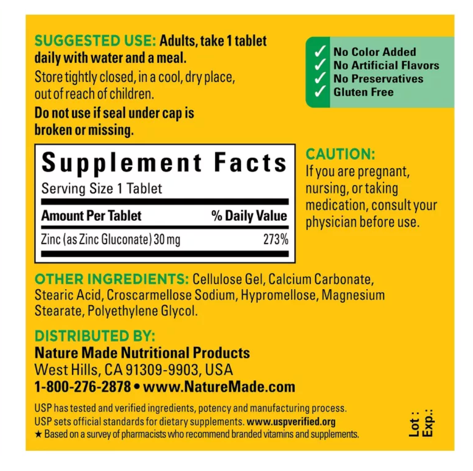 NATURE MADE ZINC 30 MG TABLETS, ZINC SUPPLEMENTS FOR ANTIOXIDANT AND IMMUNE SUPPORT, USP VERIFIED