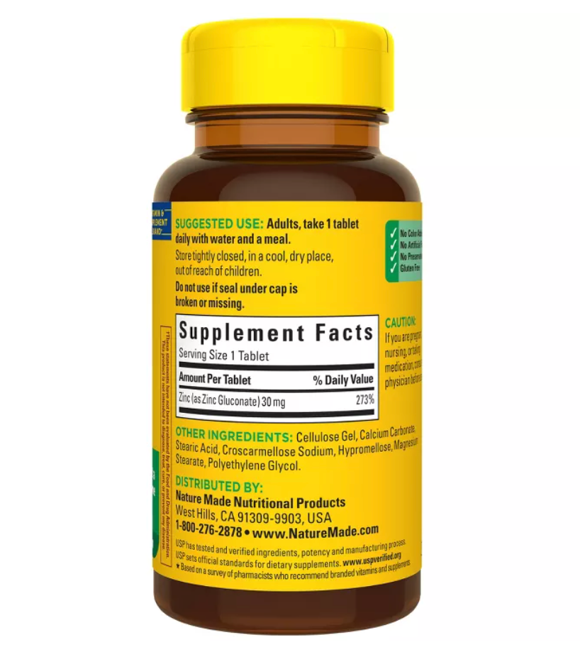 NATURE MADE ZINC 30 MG TABLETS, ZINC SUPPLEMENTS FOR ANTIOXIDANT AND IMMUNE SUPPORT, USP VERIFIED