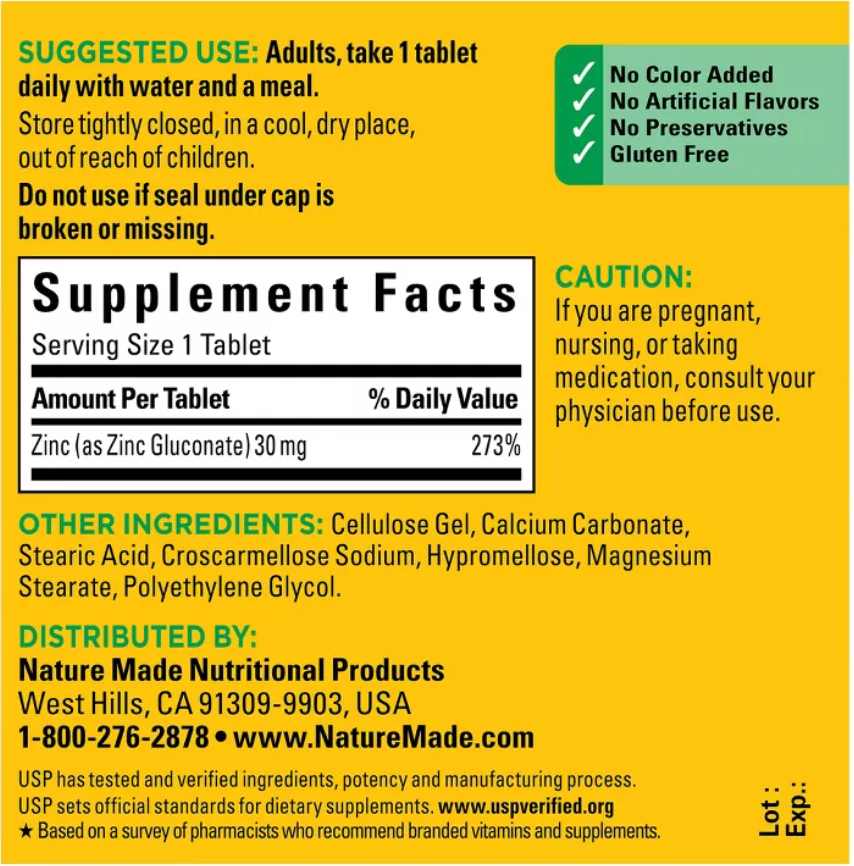 NATURE MADE ZINC 30 MG TABLETS, ZINC SUPPLEMENTS FOR ANTIOXIDANT AND IMMUNE SUPPORT, USP VERIFIED