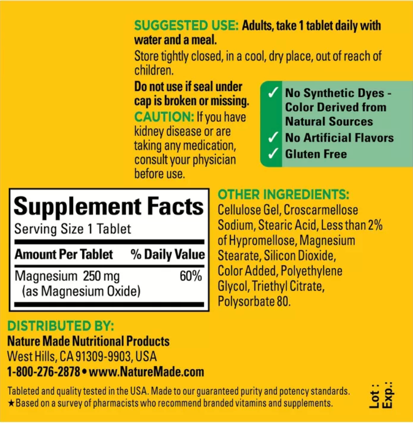 NATURE MADE MAGNESIUM 250MG MUSCLE BONE NERVE AND HEART HEALTH TABLETS