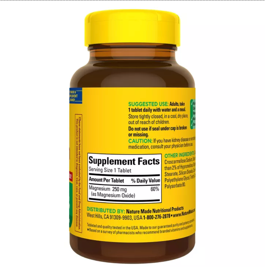 NATURE MADE MAGNESIUM OXIDE 250MG MUSCLE, NERVE, BONE & HEART SUPPORT SUPPLEMENT TABLETS - GLUTEN-FREE