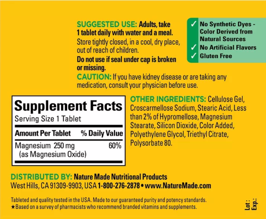 NATURE MADE MAGNESIUM OXIDE 250MG MUSCLE, NERVE, BONE & HEART SUPPORT SUPPLEMENT TABLETS - GLUTEN-FREE