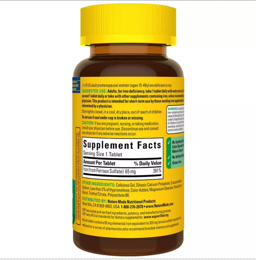 NATURE MADE IRON 65 MG (FROM FERROUS SULFATE) TABLETS : DIETARY SUPPLEMENTS, GLUTEN-FREE, NO ARTIFICIAL FLAVORS 180 Tablets