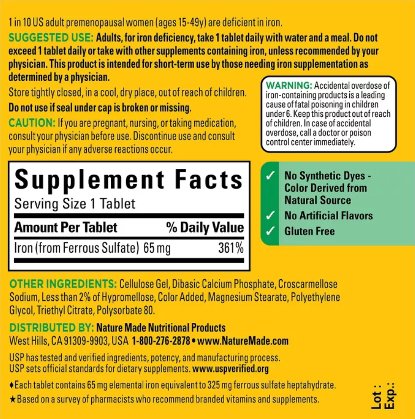 NATURE MADE IRON 65 MG (FROM FERROUS SULFATE) TABLETS : DIETARY SUPPLEMENTS, GLUTEN-FREE, NO ARTIFICIAL FLAVORS 180 Tablets