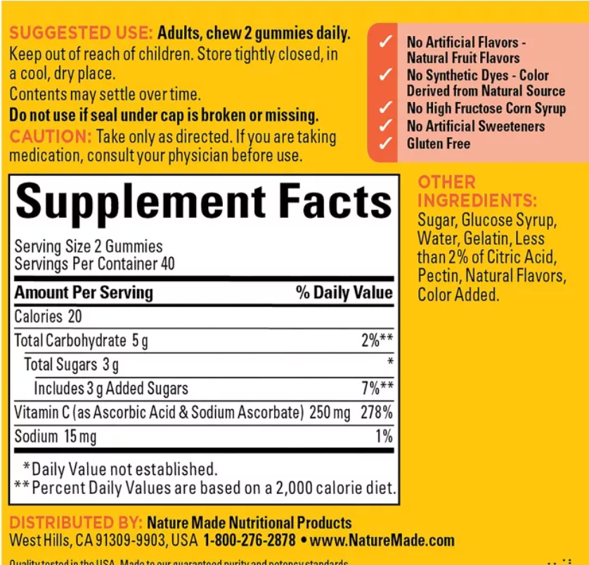 NATURE MADE VITAMIN C 250 MG PER SERVING FOR IMMUNE SUPPORT GUMMIES - TANGERINE FLAVORED -