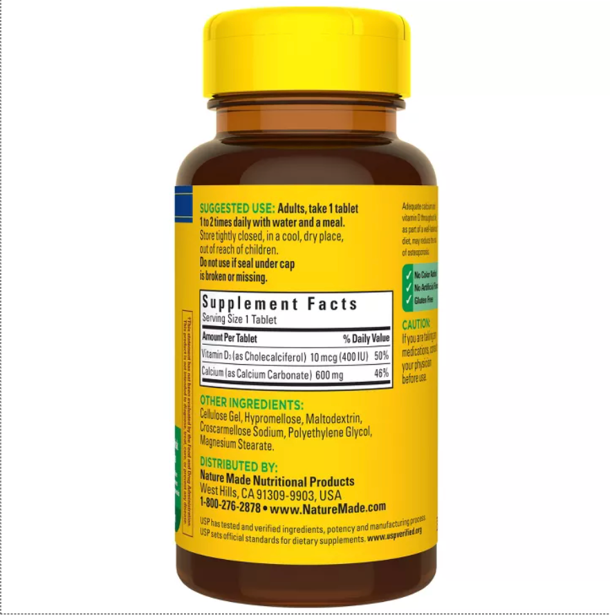 NATURE MADE CALCIUM 600 MG WITH VITAMIN D3 TABLETS, CALCIUM SUPPLEMENT FOR BONE SUPPORT, USP VERIFIED