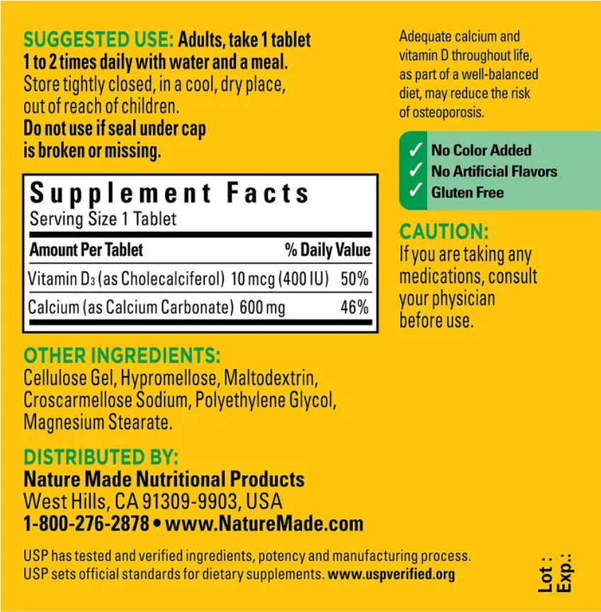 NATURE MADE CALCIUM 600 MG WITH VITAMIN D3 TABLETS, CALCIUM SUPPLEMENT FOR BONE SUPPORT, USP VERIFIED