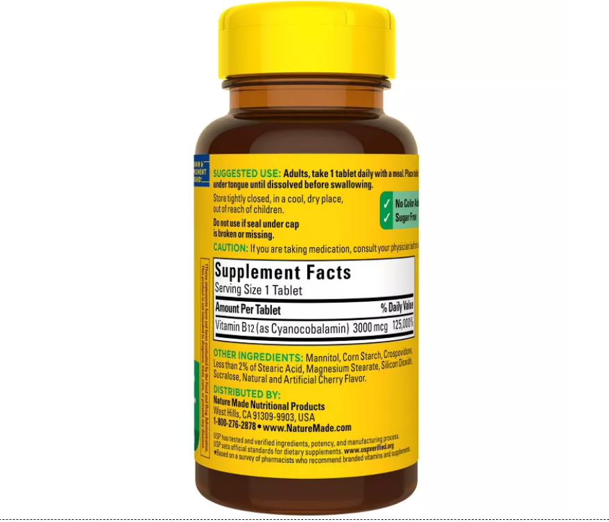 NATURE MADE VITAMIN B12 SUBLINGUAL 3000 MCG SUGAR FREE FAST DISSOLVE TABLETS, USP VERIFIED