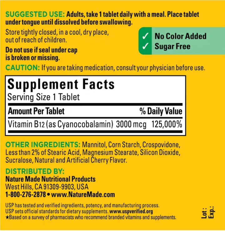 NATURE MADE VITAMIN B12 SUBLINGUAL 3000 MCG SUGAR FREE FAST DISSOLVE TABLETS, USP VERIFIED
