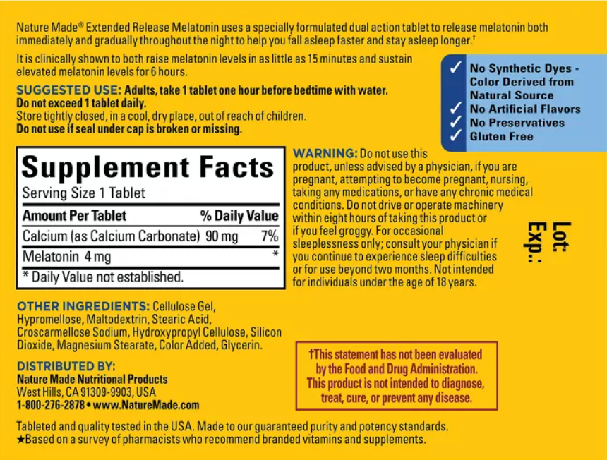 NATURE MADE MELATONIN 100% DRUG FREE SLEEP AID FOR ADULTS 4MG EXTENDED RELEASE TABLETS