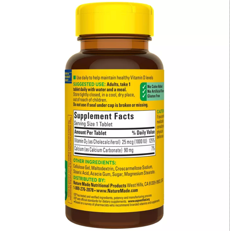 NATURE MADE VITAMIN D3 1000 IU (25 MCG), BONE HEALTH AND IMMUNE SUPPORT TABLETS, USP VERIFIED