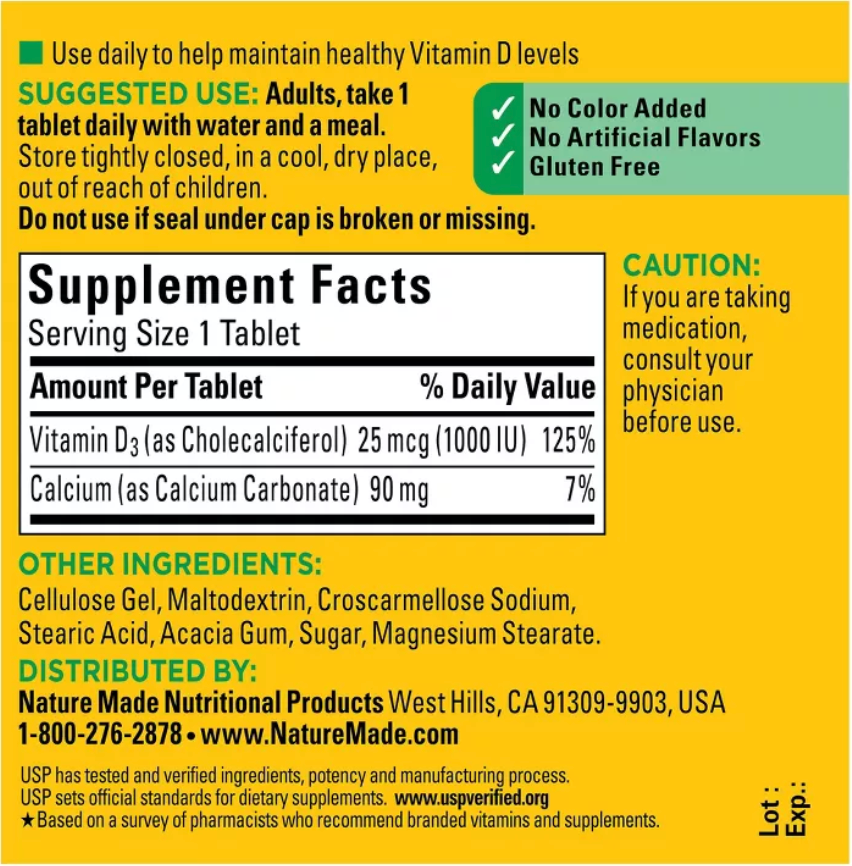 NATURE MADE VITAMIN D3 1000 IU (25 MCG), BONE HEALTH AND IMMUNE SUPPORT TABLETS, USP VERIFIED