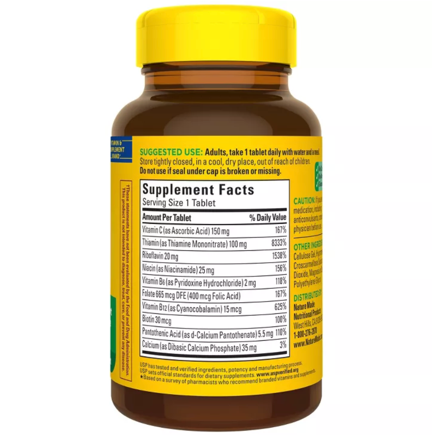 NATURE MADE SUPER VITAMIN B COMPLEX WITH FOLIC ACID + VITAMIN C FOR IMMUNE SUPPORT, TABLETS, USP VERIFIED