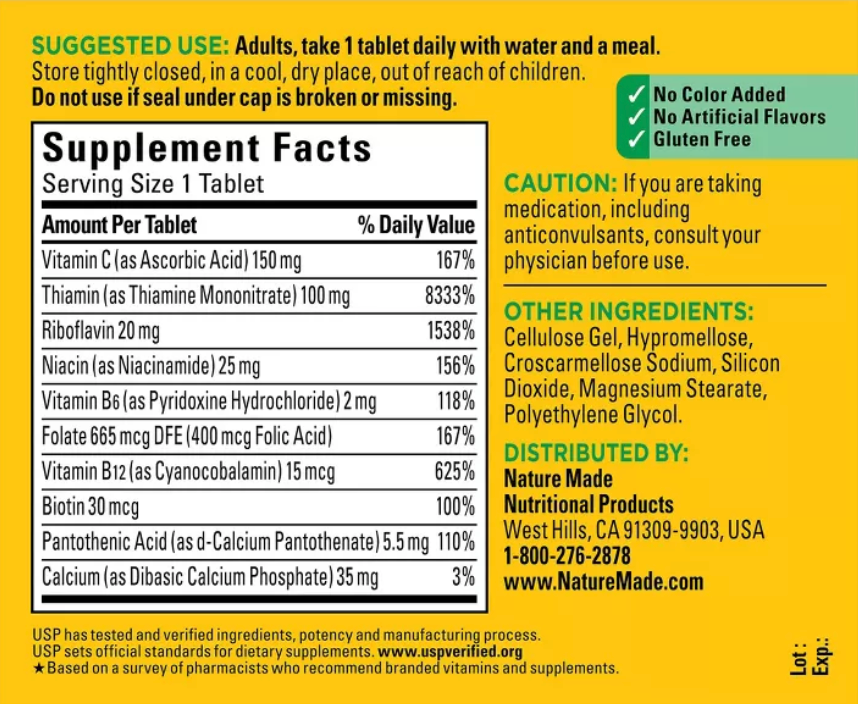 NATURE MADE SUPER VITAMIN B COMPLEX WITH FOLIC ACID + VITAMIN C FOR IMMUNE SUPPORT, TABLETS, USP VERIFIED