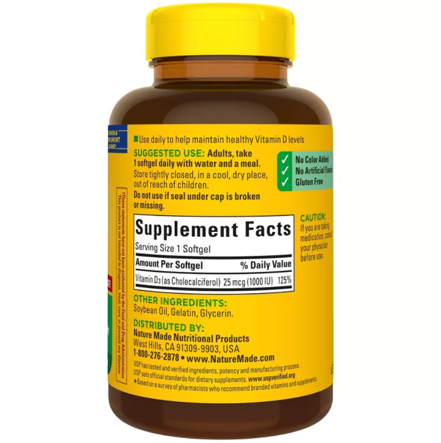 NATURE MADE VITAMIN D3 1000 IU (25 MCG), BONE HEALTH AND IMMUNE SUPPORT SOFTGELS, USP VERIFIED