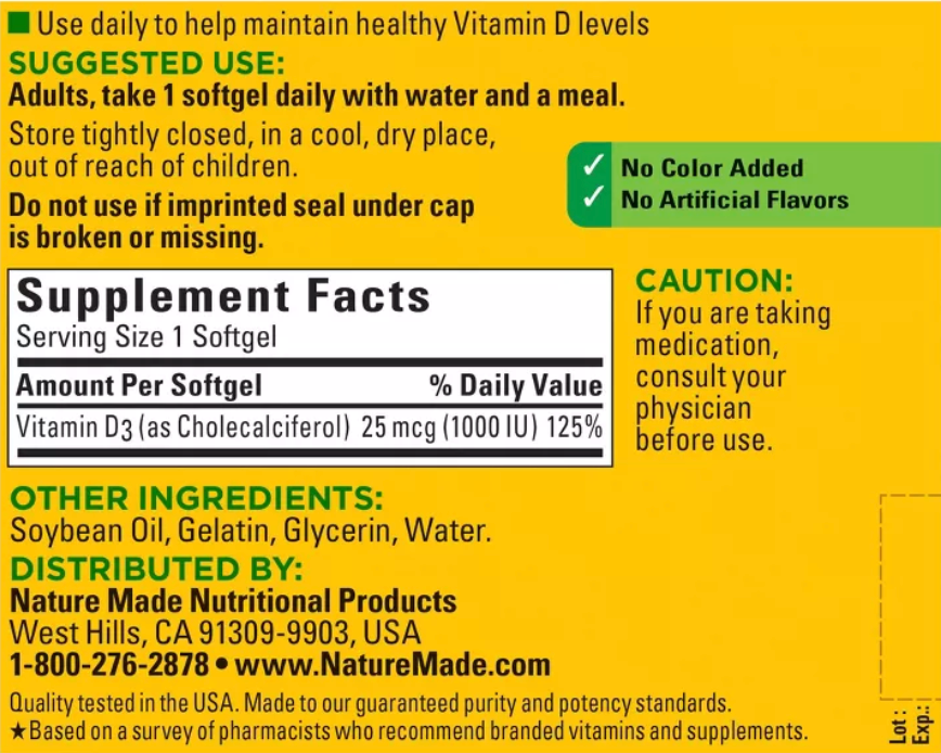 NATURE MADE VITAMIN D3 1000 IU (25 MCG), BONE HEALTH AND IMMUNE SUPPORT SOFTGELS, USP VERIFIED