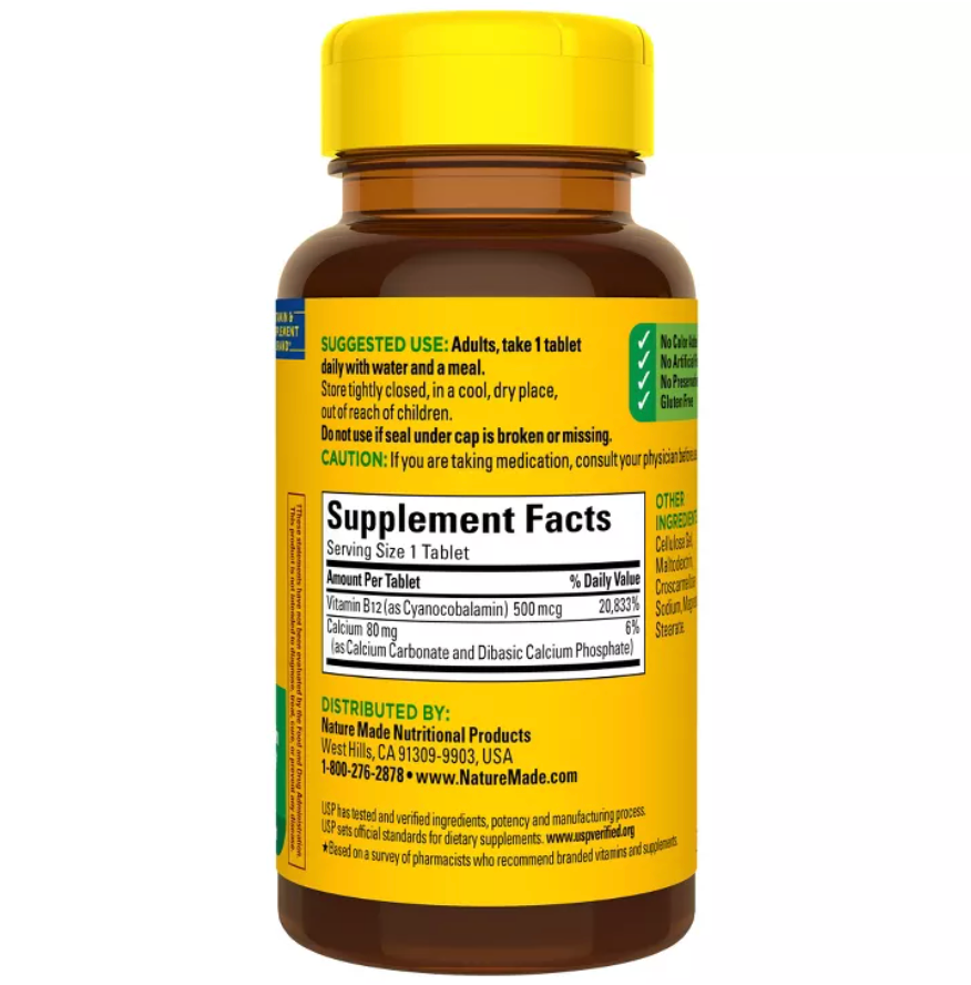 Nature Made Vitamin B12 500 mcg Tablets, USP Verified