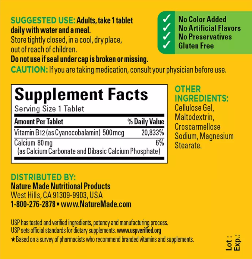 Nature Made Vitamin B12 500 mcg Tablets, USP Verified