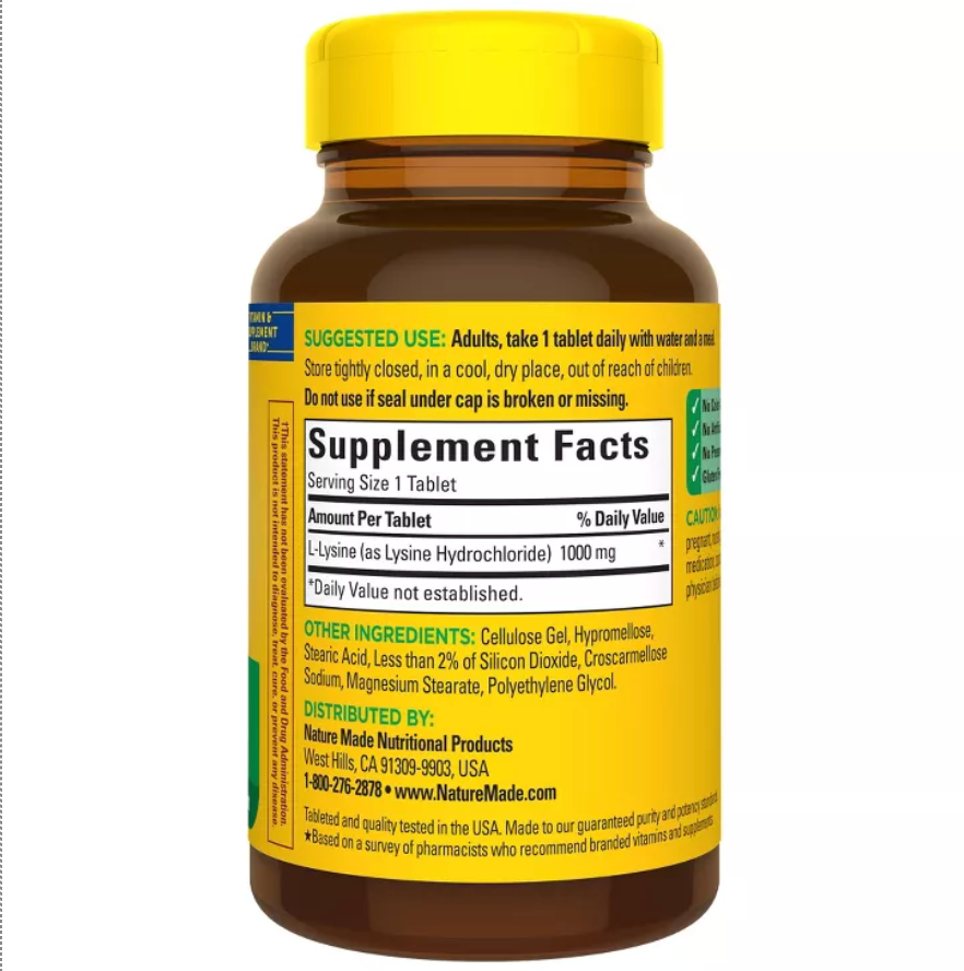 NATURE MADE EXTRA STRENGTH L - LYSINE 1000 MG TABLETS: GLUTEN-FREE DIETARY SUPPLEMENT