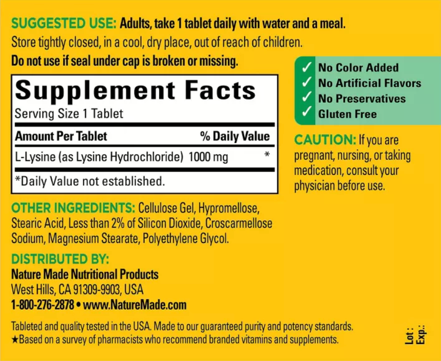 NATURE MADE EXTRA STRENGTH L - LYSINE 1000 MG TABLETS: GLUTEN-FREE DIETARY SUPPLEMENT