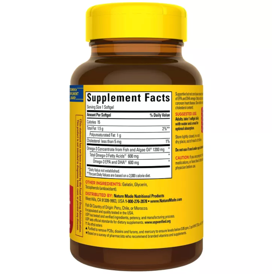 NATURE MADE OMEGA 3 FISH OIL & ALGAE OIL 1200 MG SOFTGELS, OMEGA 3 SUPPLEMENT FOR HEART, BRAIN & EYES SUPPORT, USP VERIFIED