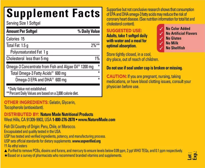 NATURE MADE OMEGA 3 FISH OIL & ALGAE OIL 1200 MG SOFTGELS, OMEGA 3 SUPPLEMENT FOR HEART, BRAIN & EYES SUPPORT, USP VERIFIED