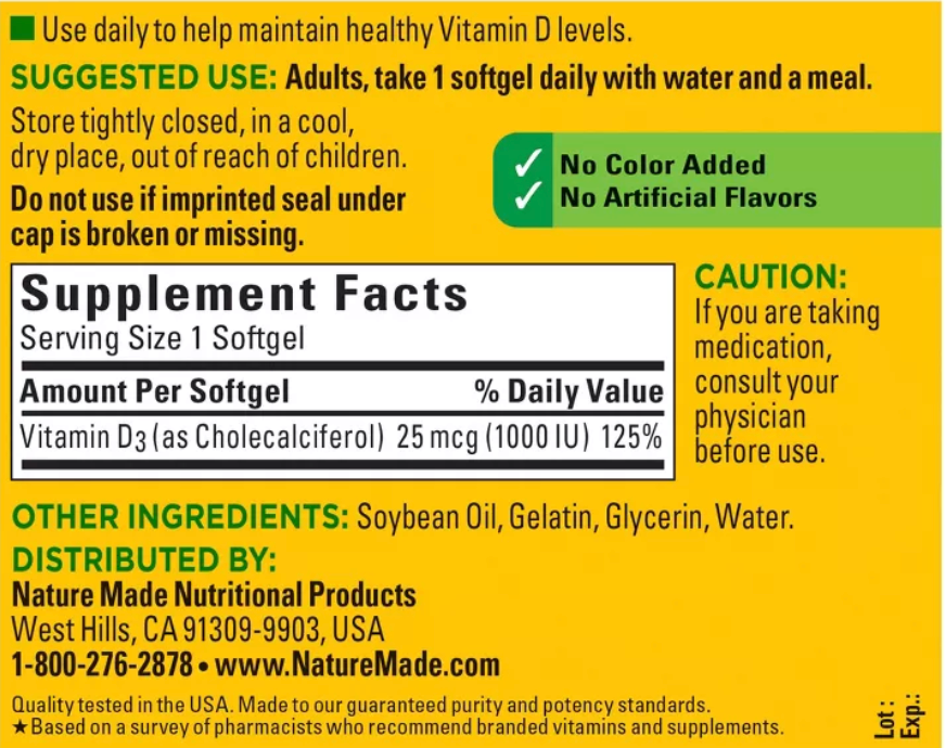 NATURE MADE VITAMIN D3 1000 IU (25 MCG), BONE HEALTH AND IMMUNE SUPPORT SOFTGELS, USP VERIFIED