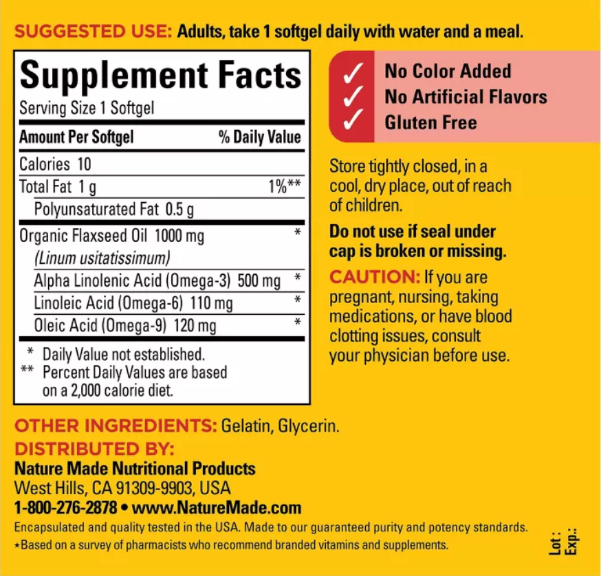 NATURE MADE FLAX SEED OIL WITH OMEGA 3 1000MG HEART HEALTH SOFTGELS - NON VEGETARIAN